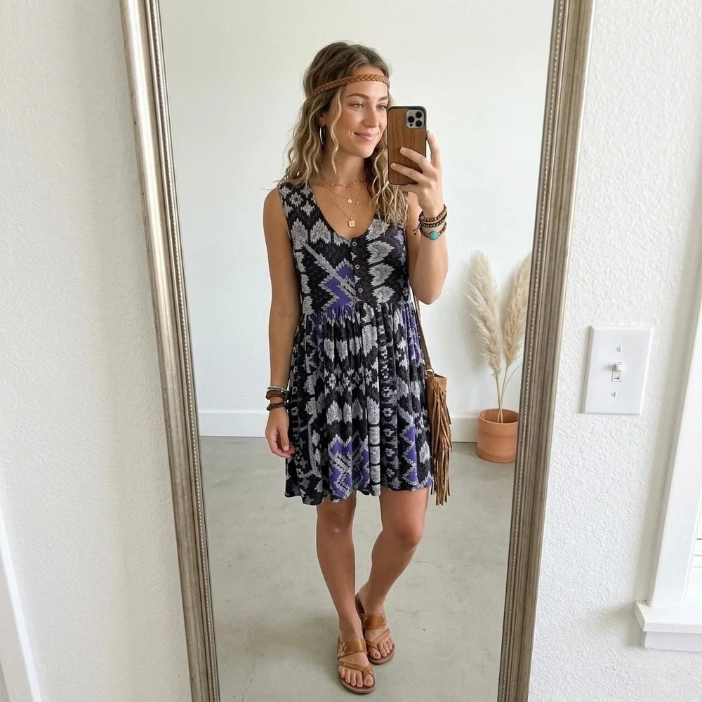 Free People Sleeveless Mini Dress‎ S Purple Geometric Aztec Print V-Neck Boho